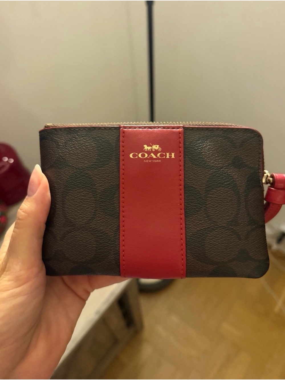 Coach Signature Brown Red Stripe Zip Wristlet Clutch Wallet